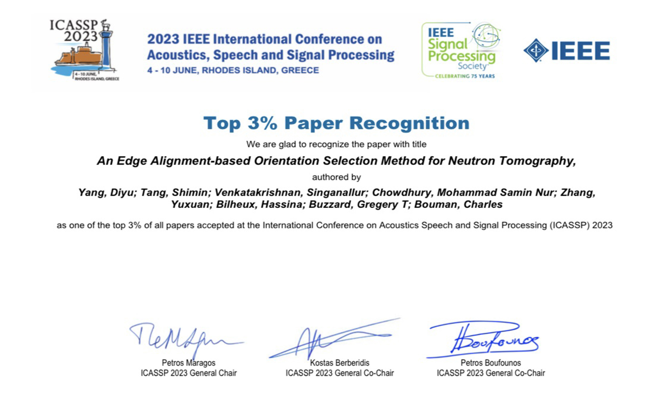 ICASSP 2023 Certificate